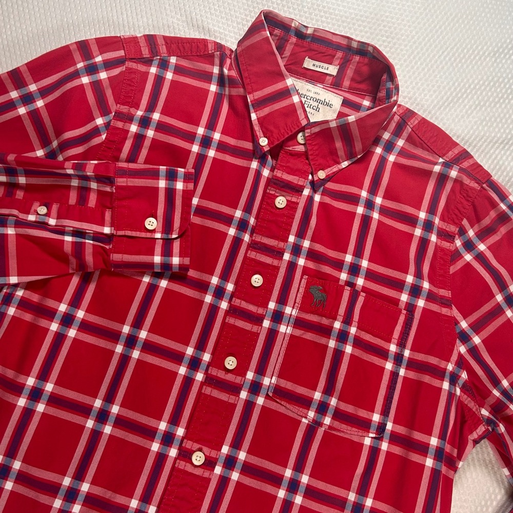 Abercrombie & Fitch Mens XXL Red Plaid Muscle Fit Long Sleeve Button Down Shirt